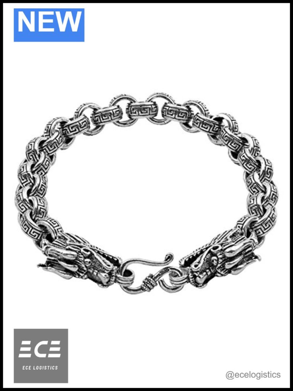 Sterling Silver 7mm Double Dragon Rolo Chain Bracelet Vintage 7.5 inches